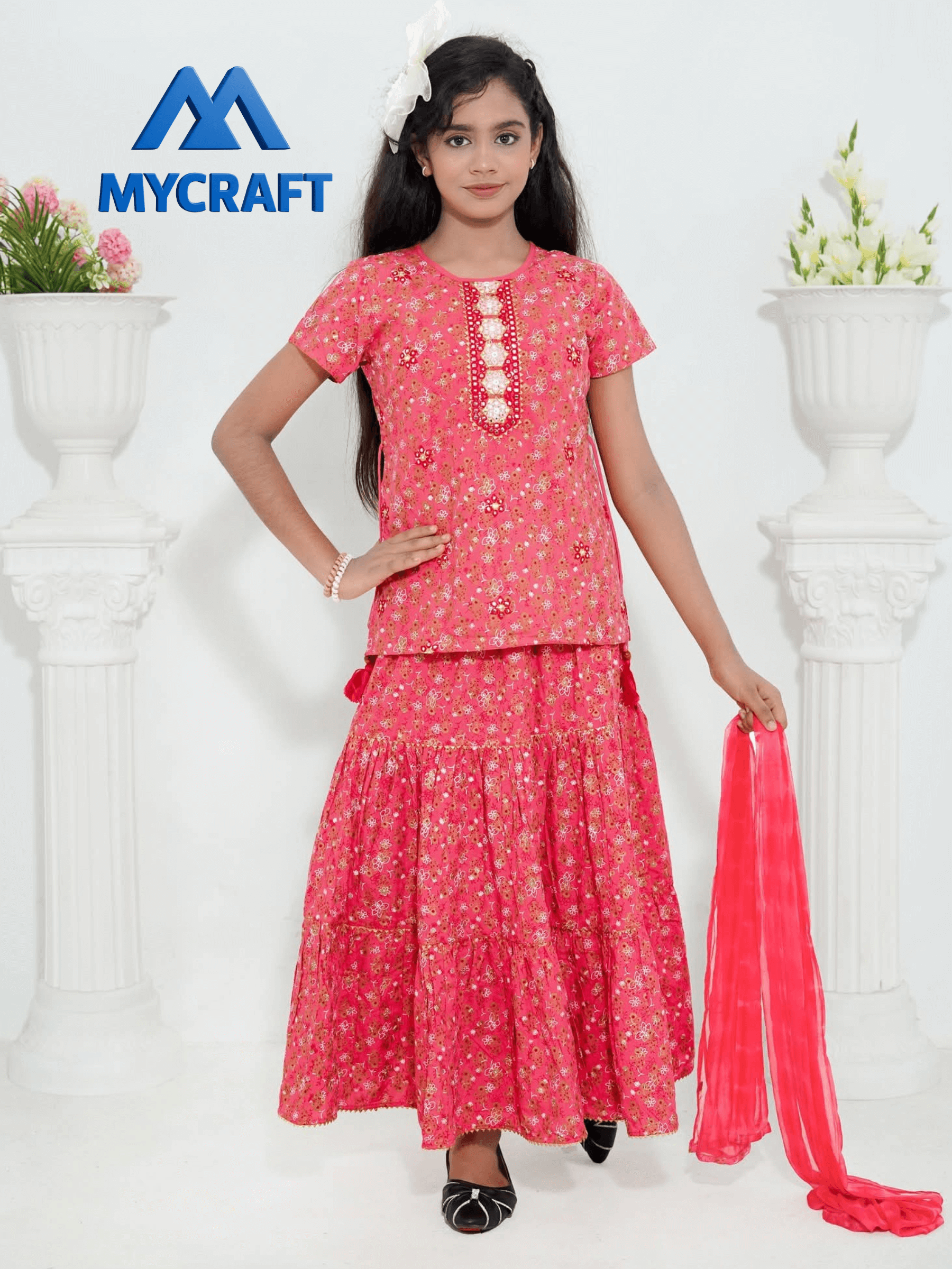 My Craft Skirt 3 Piece pink floral traditional outfit for girls