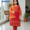 Girl wearing red embroidered 3 piece dress with yellow dupatta from My Craft
