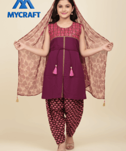 Girl wearing maroon dhuti-style 3-piece dress with printed dupatta from My Craft