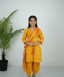 Kids Yellow Girls Dhoti 3 Piece with orange printed dupatta, festive ethnic wear