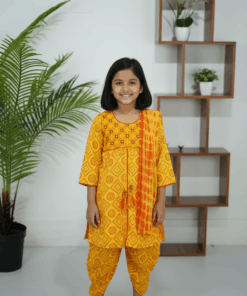 Girls Yellow Girls Dhoti 3 Piece, Traditional festive outfit for girls with orange dupatta