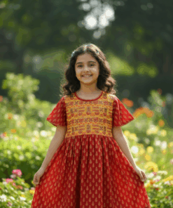 Smiling girl wearing red and yellow printed A-line frock from My Craft in garden