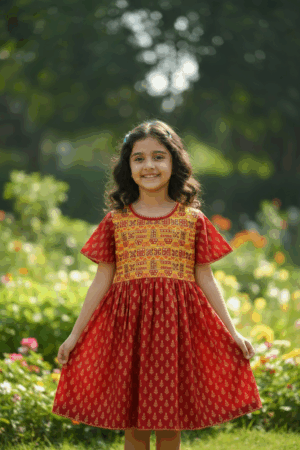 Smiling girl wearing red and yellow printed A-line frock from My Craft in garden