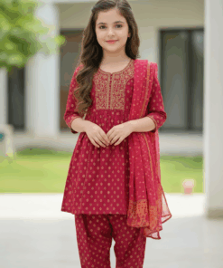Girl wearing maroon embroidered 3 piece set with dupatta from My Craft