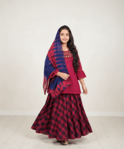 Kids Skirt 3 Piece set – maroon embroidered kameez with navy tie-dye dupatta