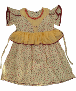 Yellow floral printed A-line frock with red embroidery – flat lay product image – My Craft