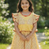 Girl wearing yellow floral printed A-line frock with ruffle sleeves – My Craft kids collection