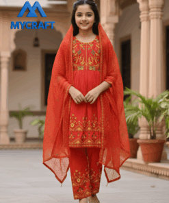 Beautiful red embroidered girls 3 piece salwar kameez with dupatta by My Craft