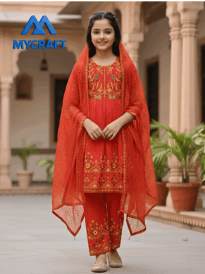 Beautiful red embroidered girls 3 piece salwar kameez with dupatta by My Craft