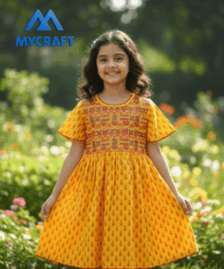 Smiling girl wearing yellow printed A-line frock from My Craft in garden