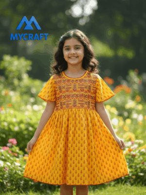 Smiling girl wearing yellow printed A-line frock from My Craft in garden