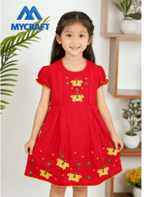 Girl wearing bright orange A-line embroidered frock from My Craft