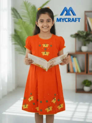Smiling girl wearing orange A-line embroidered frock from My Craft