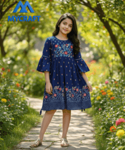 Blue A-line frock with floral embroidery worn by a girl – My Craft