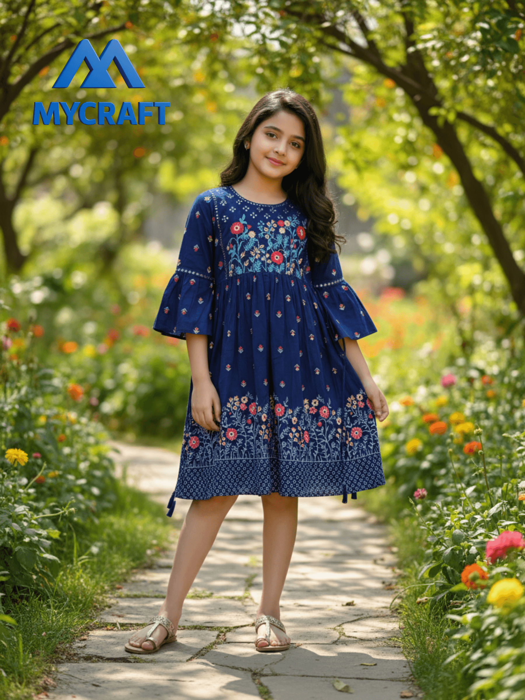 Blue A-line frock with floral embroidery worn by a girl – My Craft