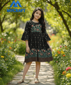 Girl wearing black A-line frock with floral embroidery – My Craft kids fashion