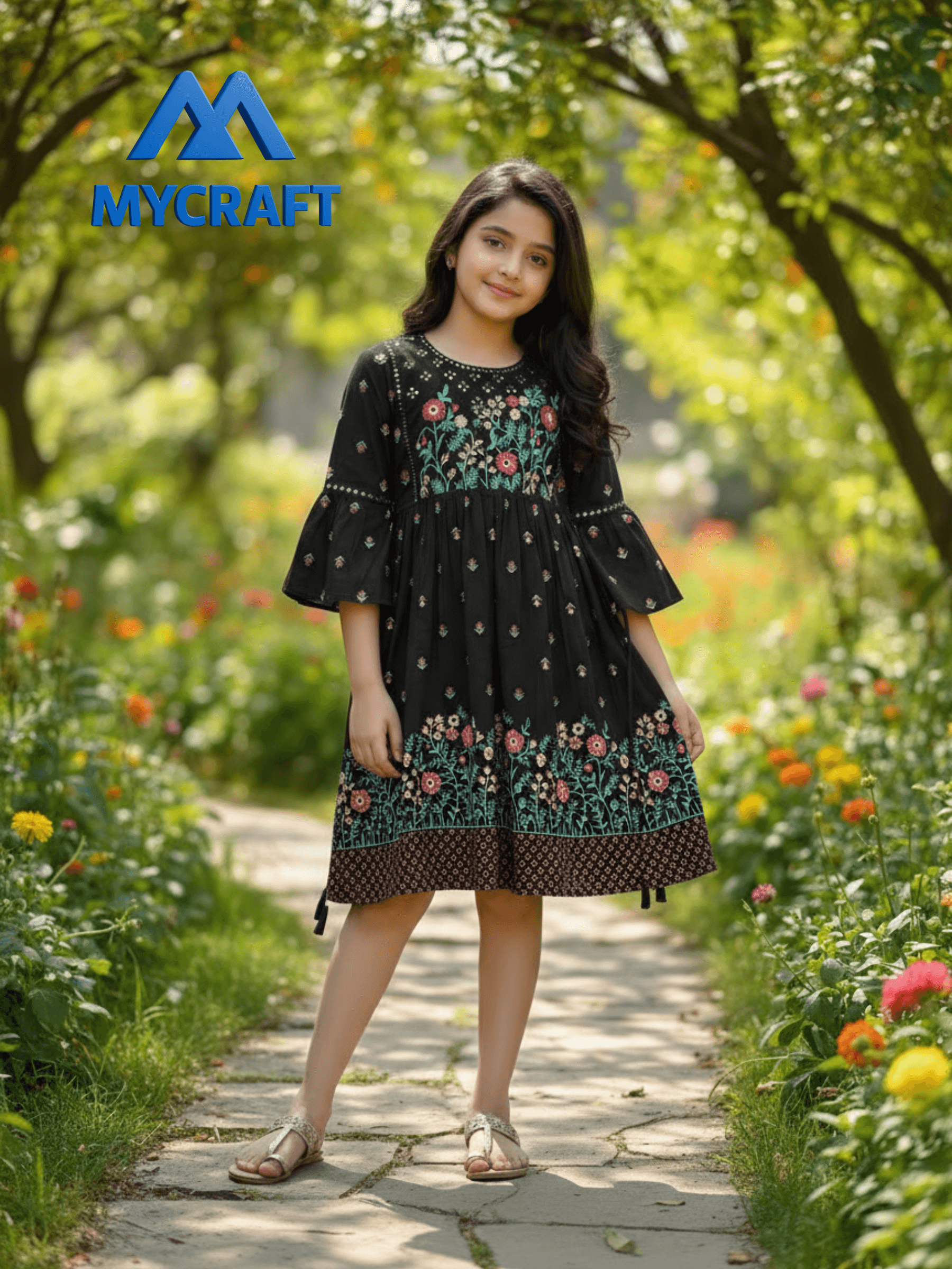 Girl wearing black A-line frock with floral embroidery – My Craft kids fashion