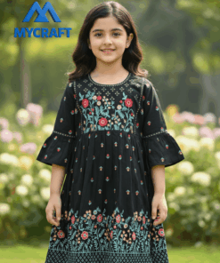 Close-up of black A-line frock with colorful embroidery – My Craft