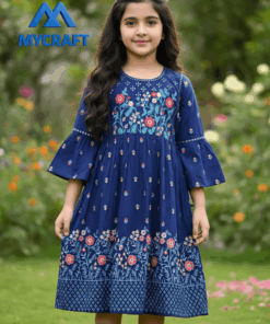 Girl in blue A-line frock with red and white floral prints – My Craft kids collection